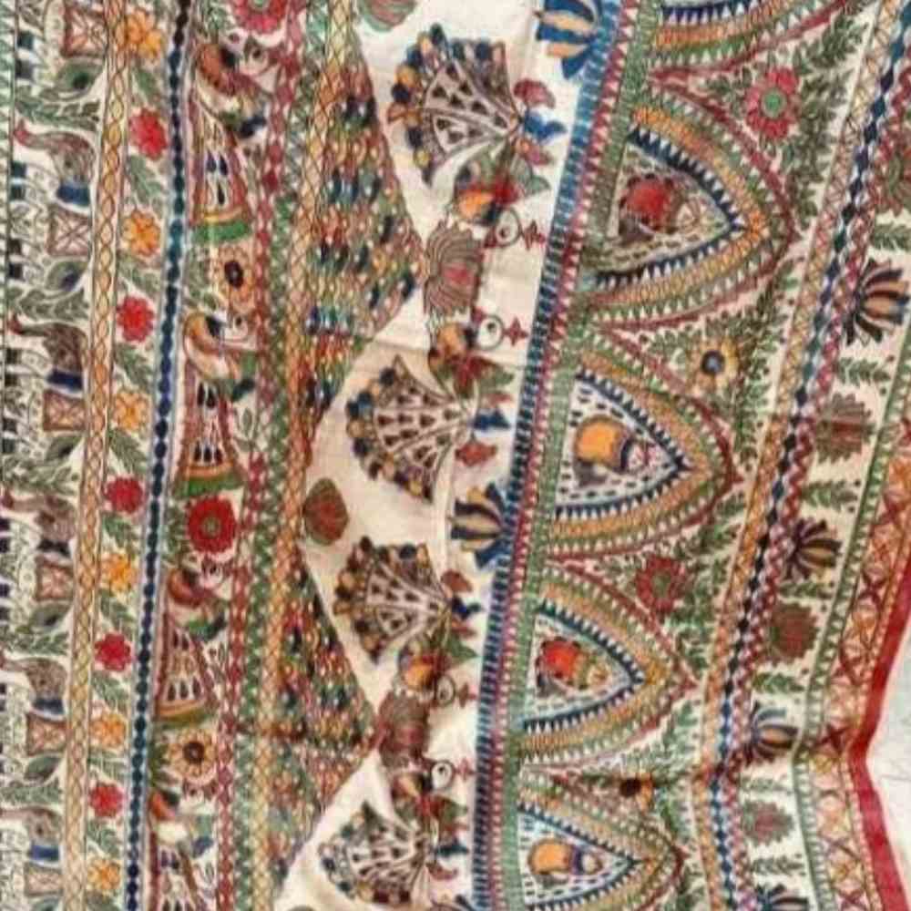 Tussar Saree with Madhubani Bride, Doli, and Kaahar Painting